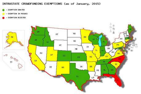 Map of U.S. States that approved Intrastate Equity Crowdfunding Exemptions