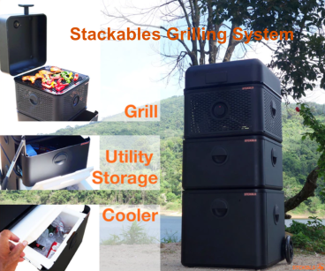 The STCKBLS Grill system, a stackable, modular, portable and complete BBQ grilling system